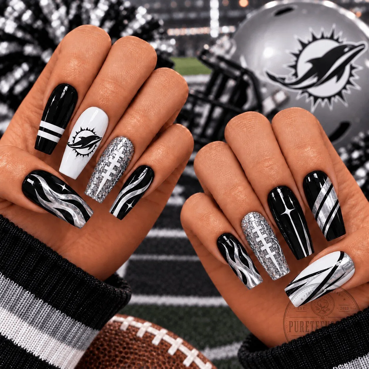 Miami Dolphins NFL Black Silver Chrome Football Game Day Press-On Nails