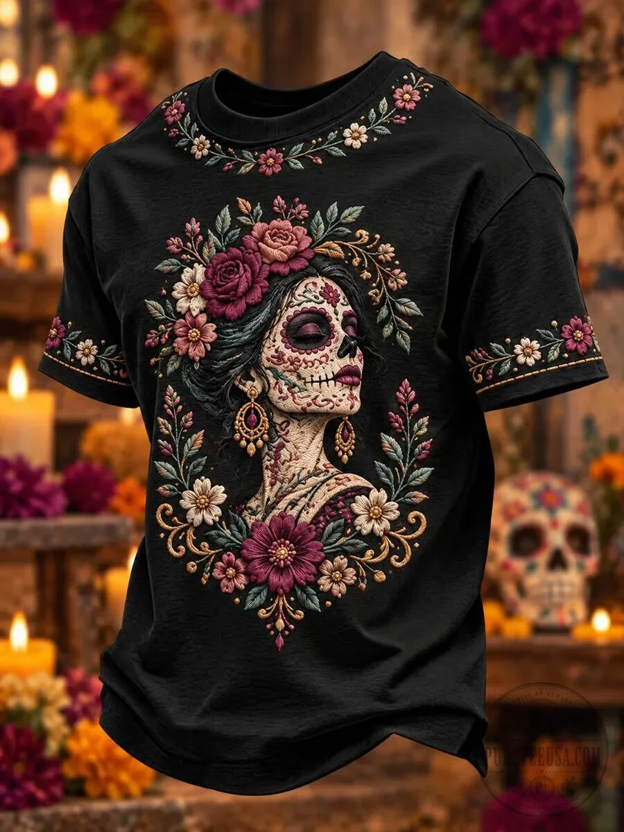 Day of the Dead Sugar Skull Woman Embroidered Floral Black T-Shirt