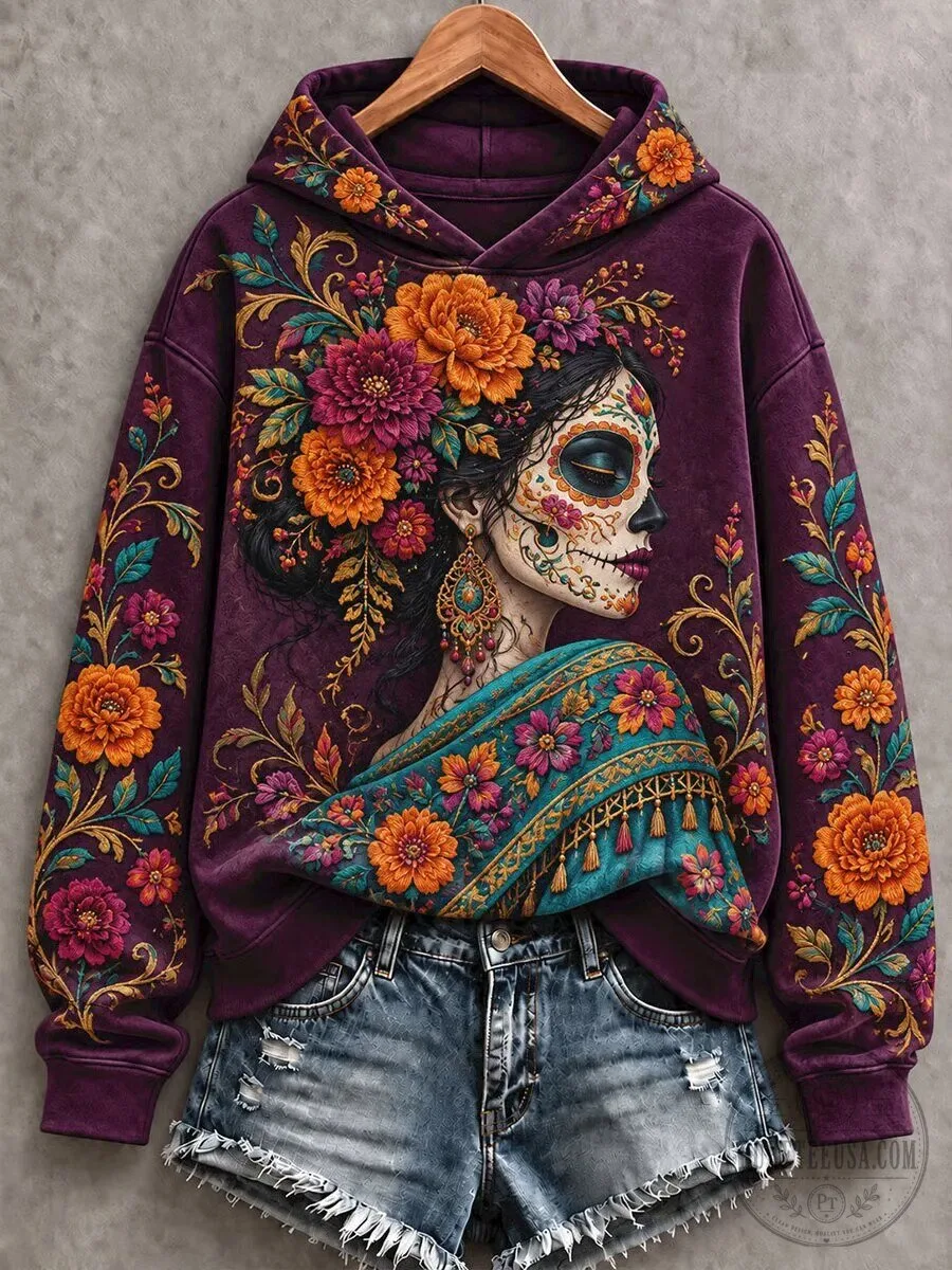 Day of the Dead Sugar Skull Woman Floral Print Pullover Hoodie