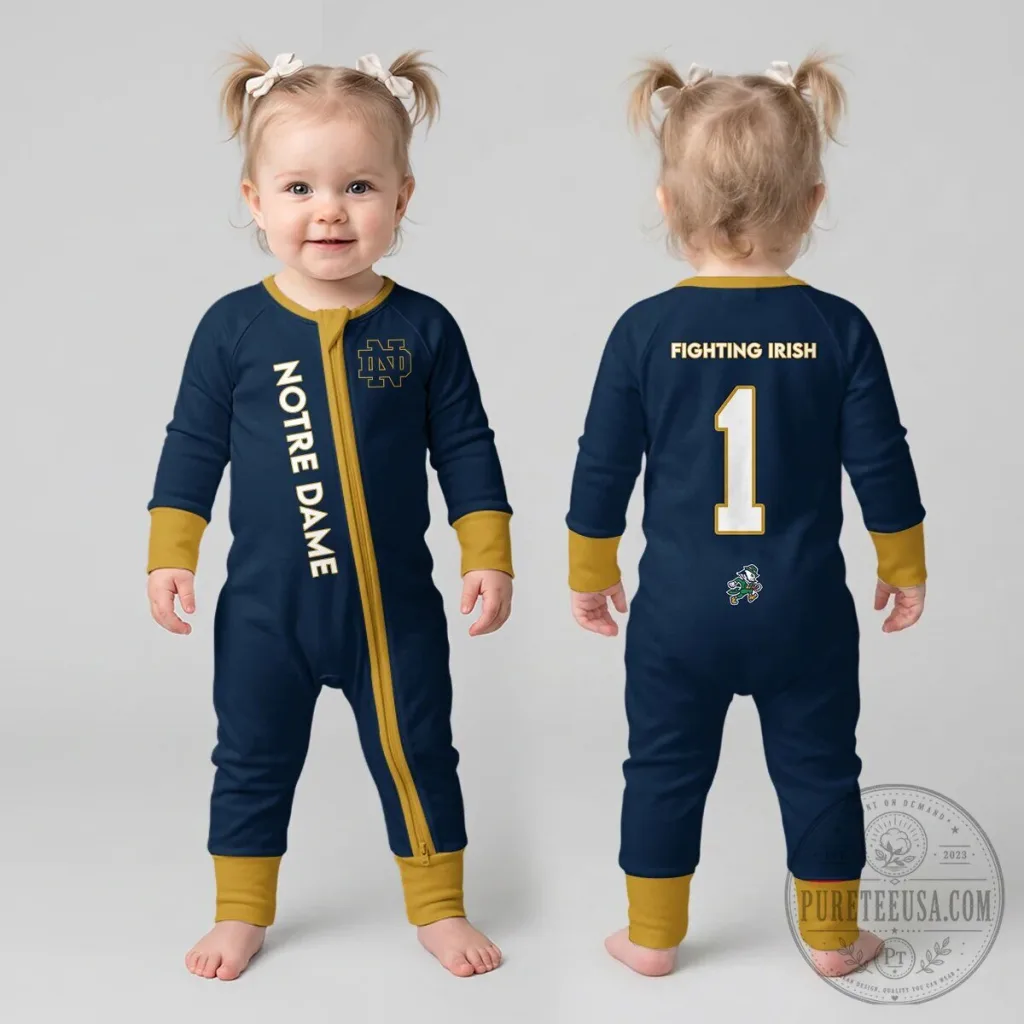 Notre Dame Fighting Irish Football Baby Romper with Number One Design Notre Dame Fighting Irish Football Baby Romper with Number One Design