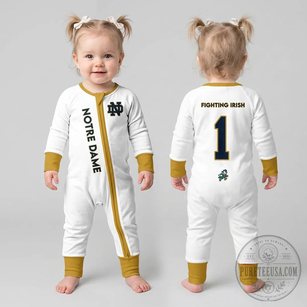 Notre Dame Fighting Irish Football Baby Romper with Number One Design 15 Notre Dame Fighting Irish Football Baby Romper with Number One Design