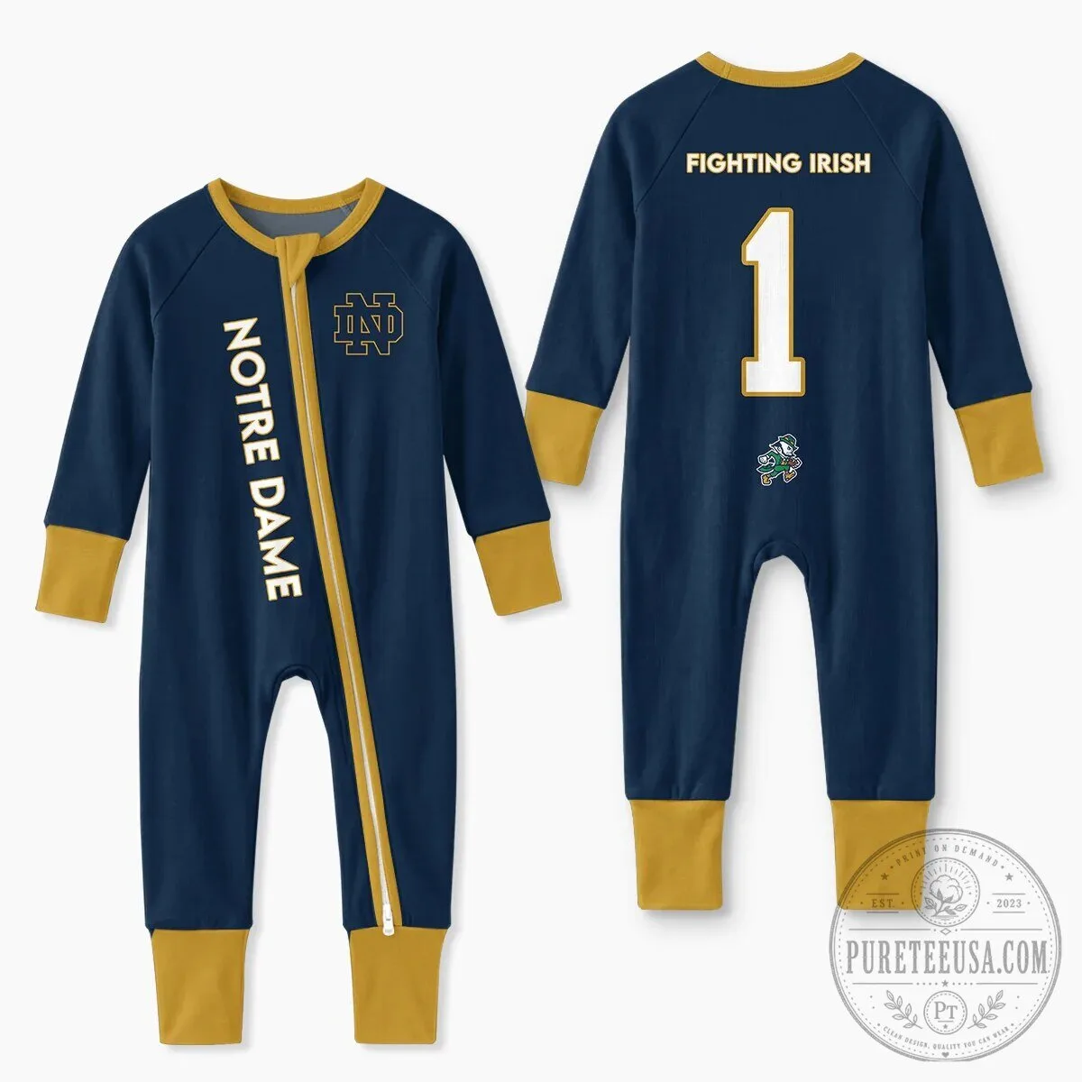 Notre Dame Fighting Irish Football Baby Romper with Number One Design 16 Notre Dame Fighting Irish Football Baby Romper with Number One Design