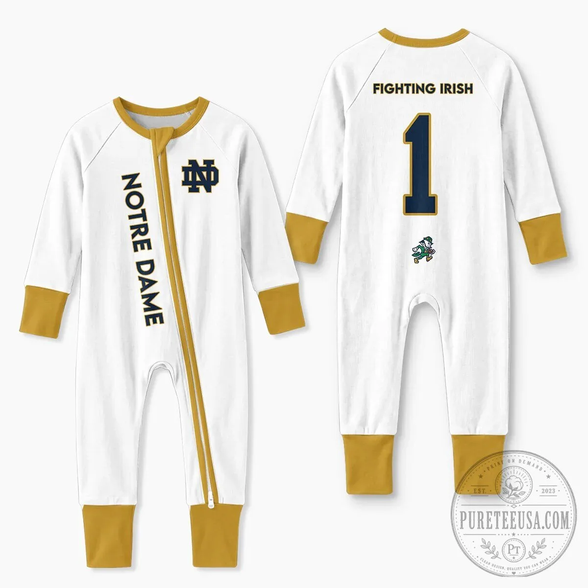 Notre Dame Fighting Irish Football Baby Romper with Number One Design 17 Notre Dame Fighting Irish Football Baby Romper with Number One Design
