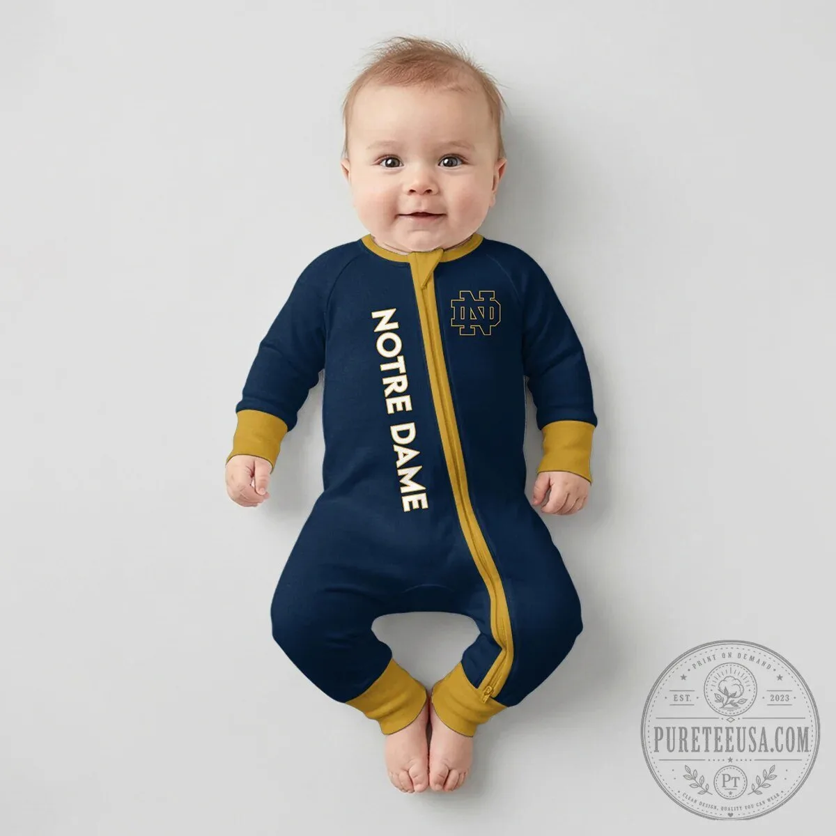 Notre Dame Fighting Irish Football Baby Romper with Number One Design 18 Notre Dame Fighting Irish Football Baby Romper with Number One Design