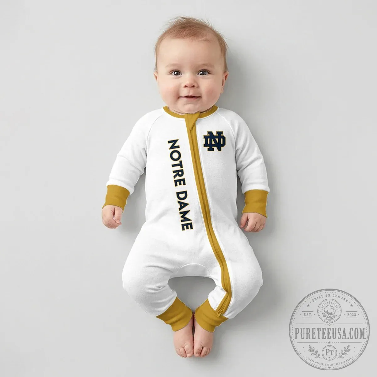 Notre Dame Fighting Irish Football Baby Romper with Number One Design 19 Notre Dame Fighting Irish Football Baby Romper with Number One Design