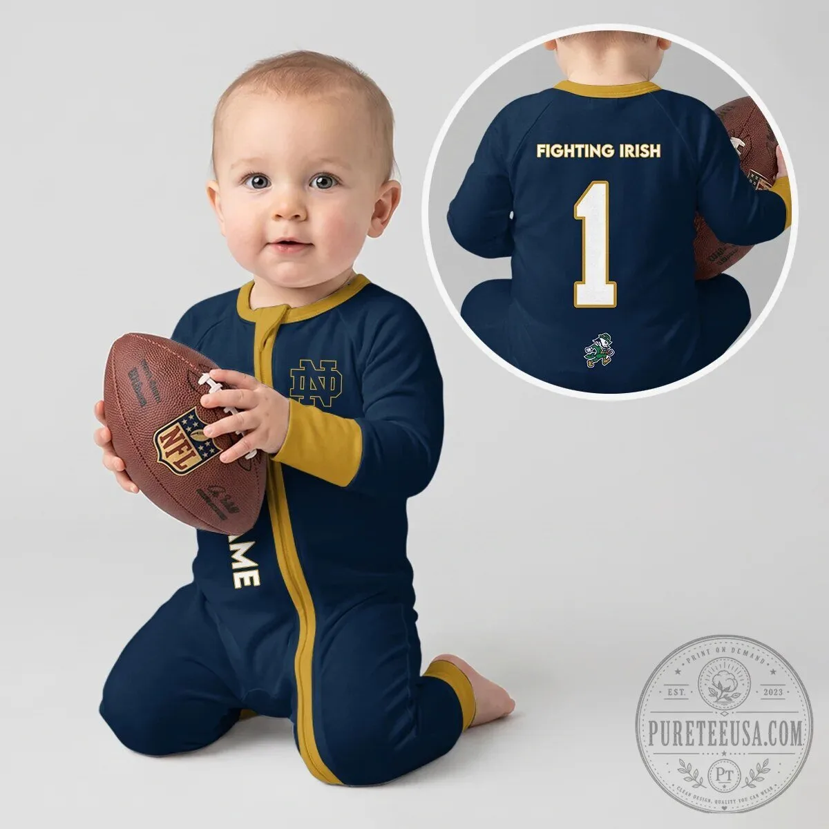 Notre Dame Fighting Irish Football Baby Romper with Number One Design 20 Notre Dame Fighting Irish Football Baby Romper with Number One Design