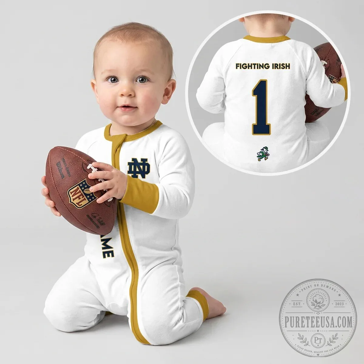 Notre Dame Fighting Irish Football Baby Romper with Number One Design 21 Notre Dame Fighting Irish Football Baby Romper with Number One Design