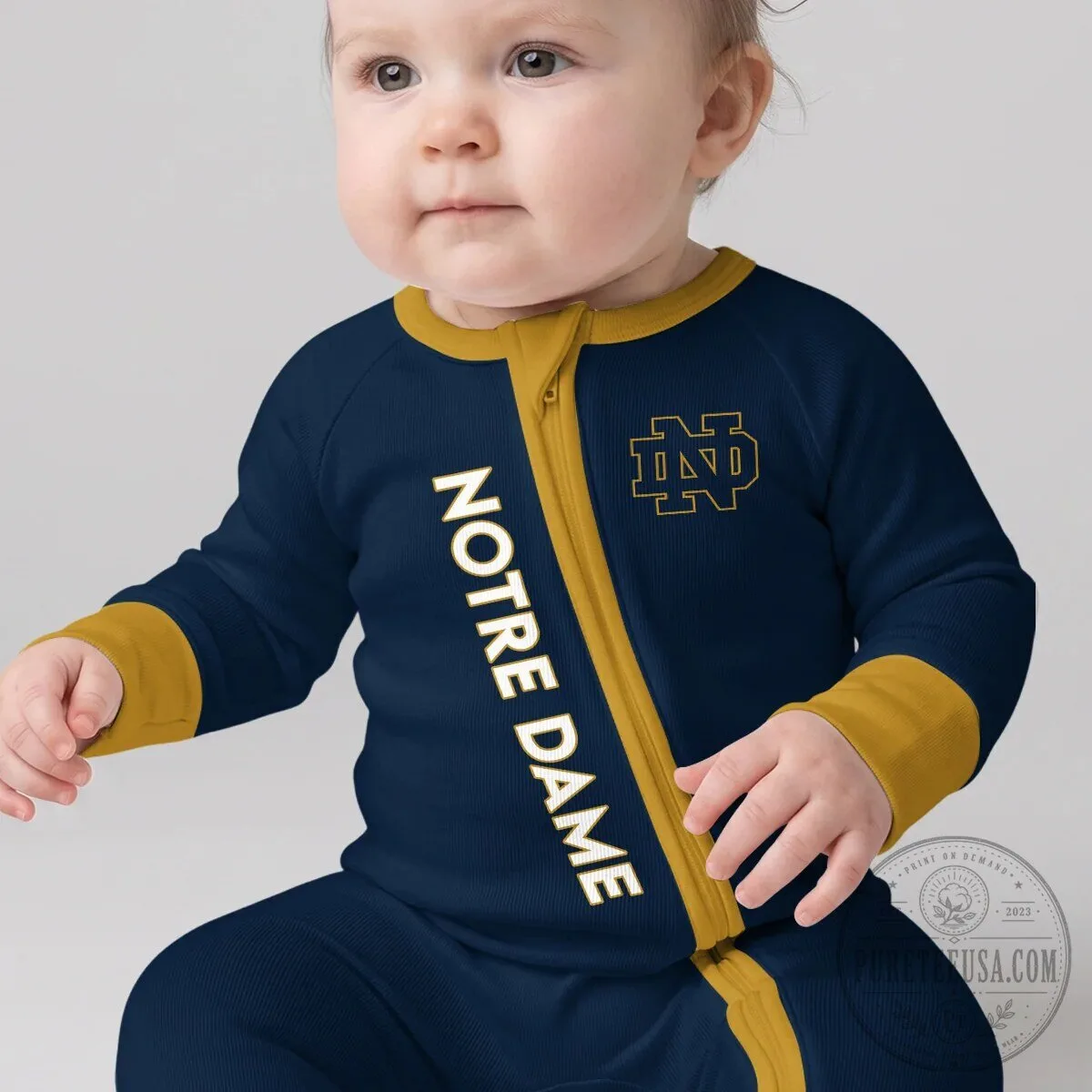 Notre Dame Fighting Irish Football Baby Romper with Number One Design 22 Notre Dame Fighting Irish Football Baby Romper with Number One Design