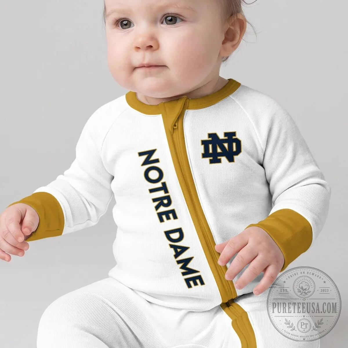 Notre Dame Fighting Irish Football Baby Romper with Number One Design 23 Notre Dame Fighting Irish Football Baby Romper with Number One Design