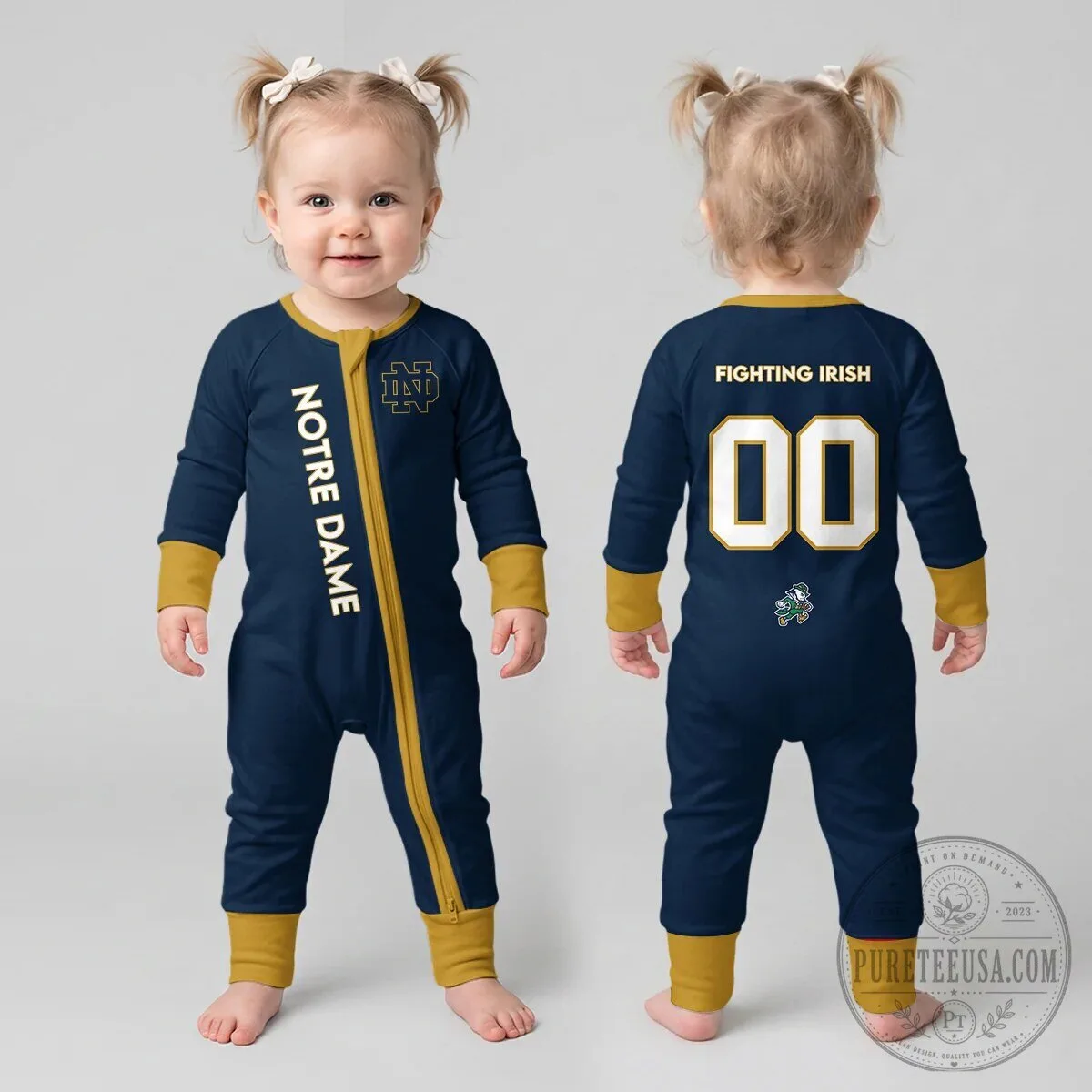 Notre Dame Fighting Irish Football Baby Romper with Number One Design 24 Notre Dame Fighting Irish Football Baby Romper with Number One Design
