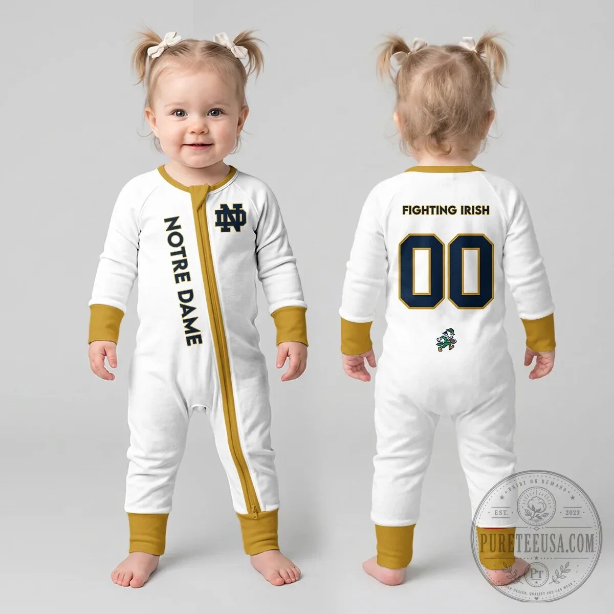 Notre Dame Fighting Irish Football Baby Romper with Number One Design 25 Notre Dame Fighting Irish Football Baby Romper with Number One Design