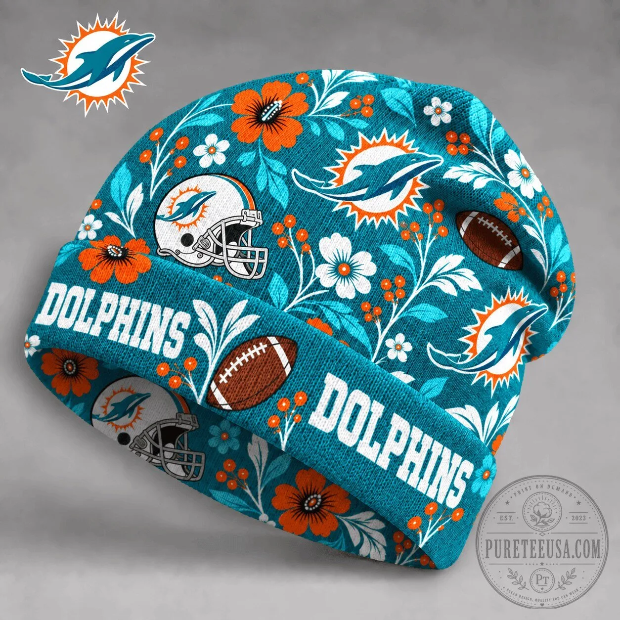 Miami Dolphins NFL Football Floral Pattern Team Logo Beanie Cap Hat 1 Miami Dolphins NFL Football Floral Pattern Team Logo Beanie Cap Hat