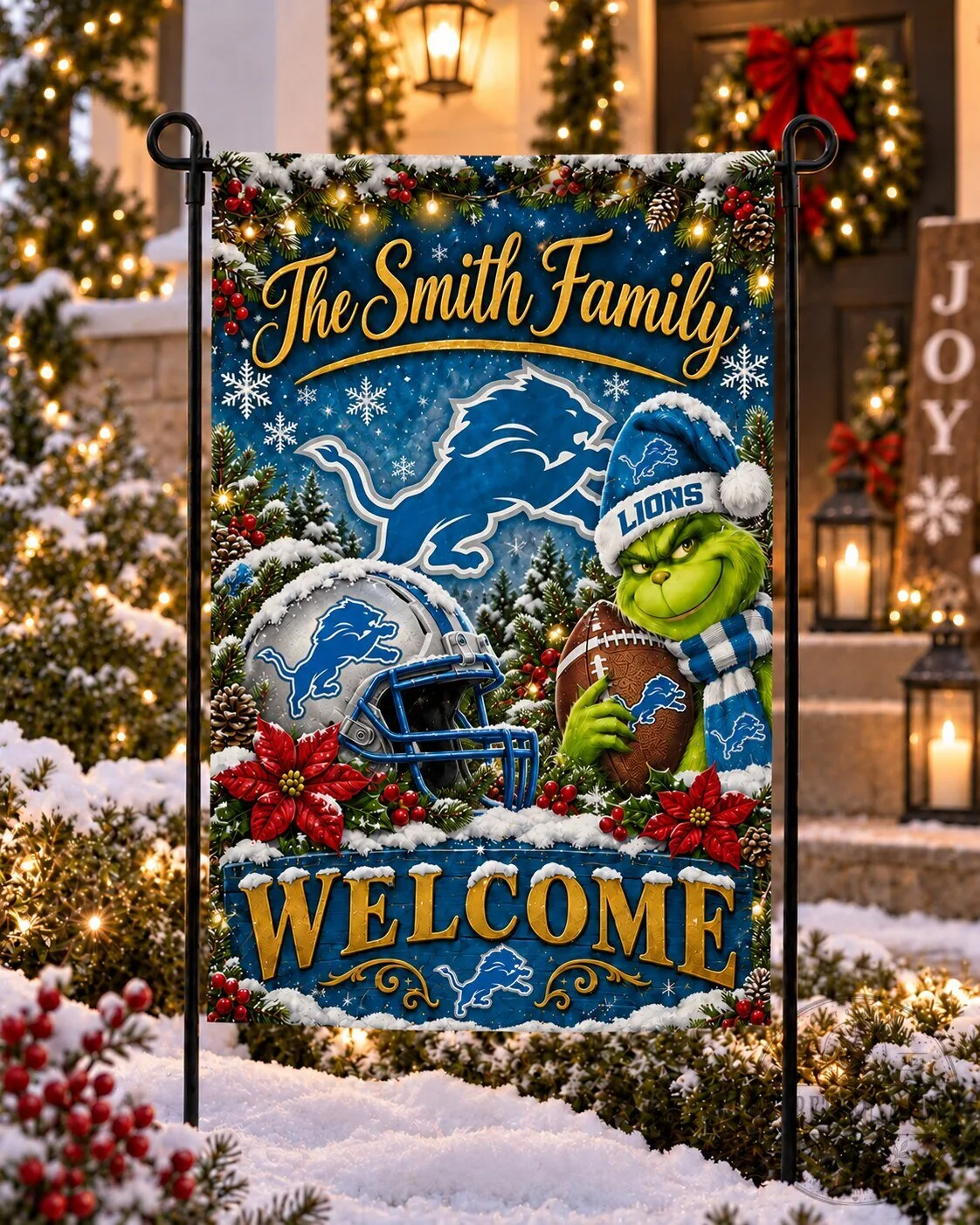 Detroit Lions NFL Christmas Grinch Personalized Family Welcome Garden Flag
