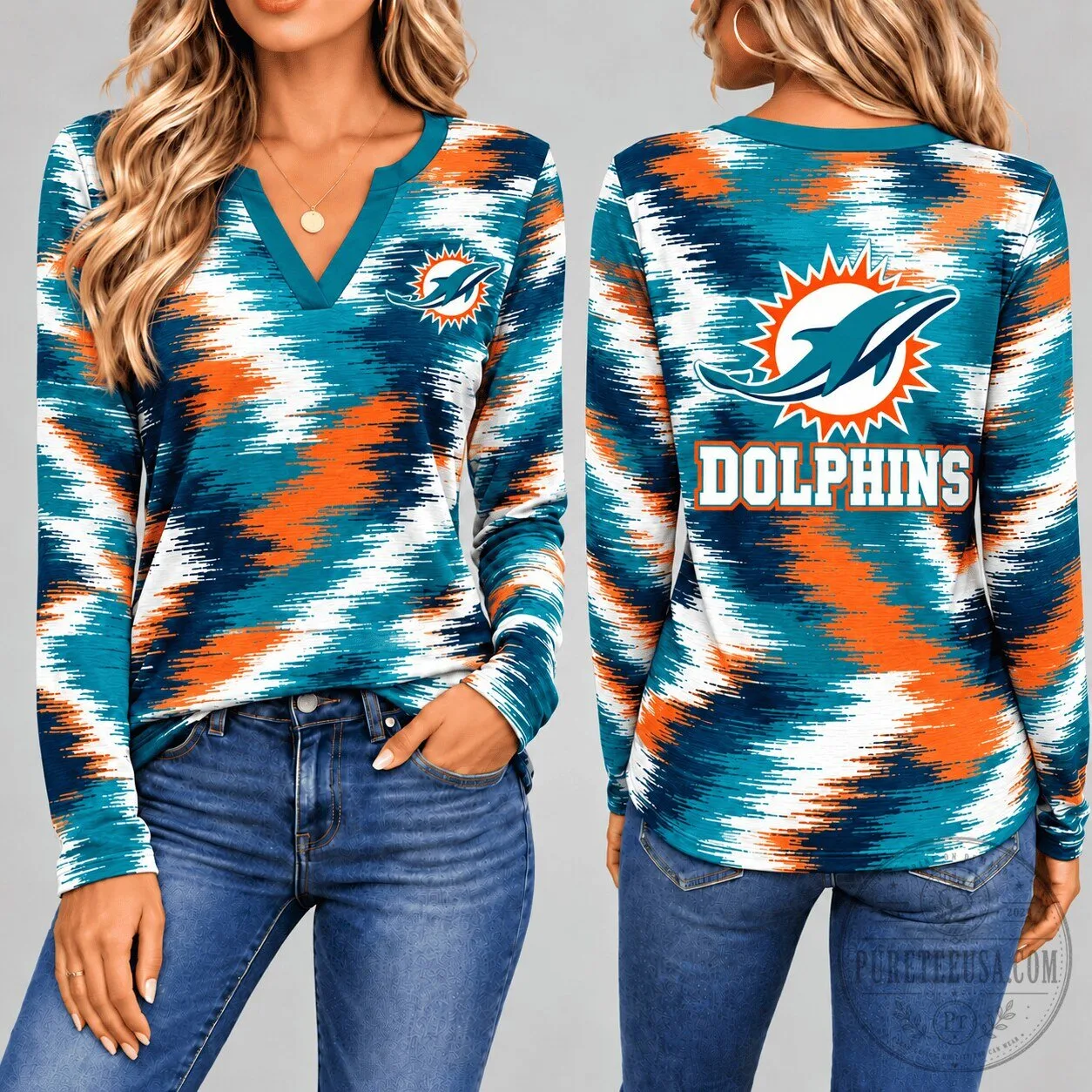 Miami Dolphins NFL Dynamic Brushstroke V-Neck Long-Sleeve T-Shirt