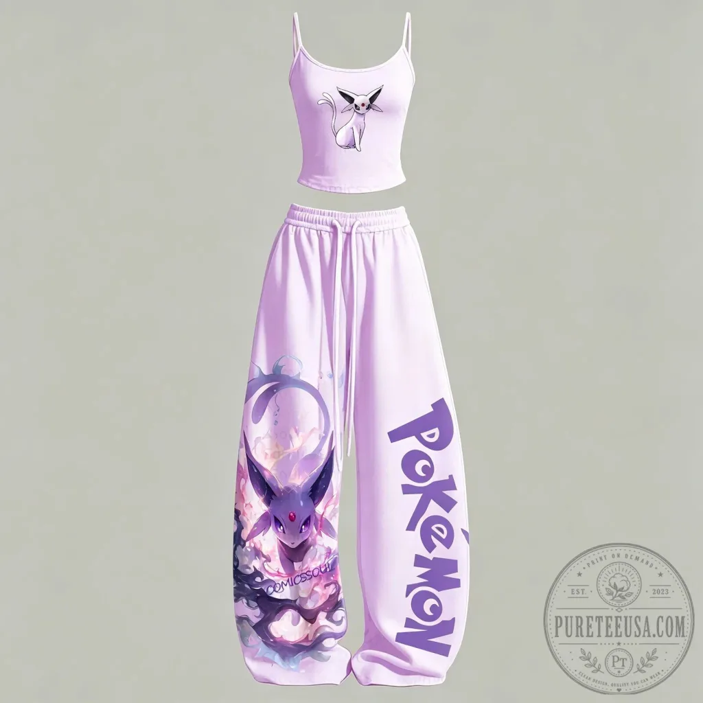 Pokemon Espeon Anime Character Tank Top and Wide Leg Pants Set Pokemon Espeon Anime Character Tank Top and Wide Leg Pants Set