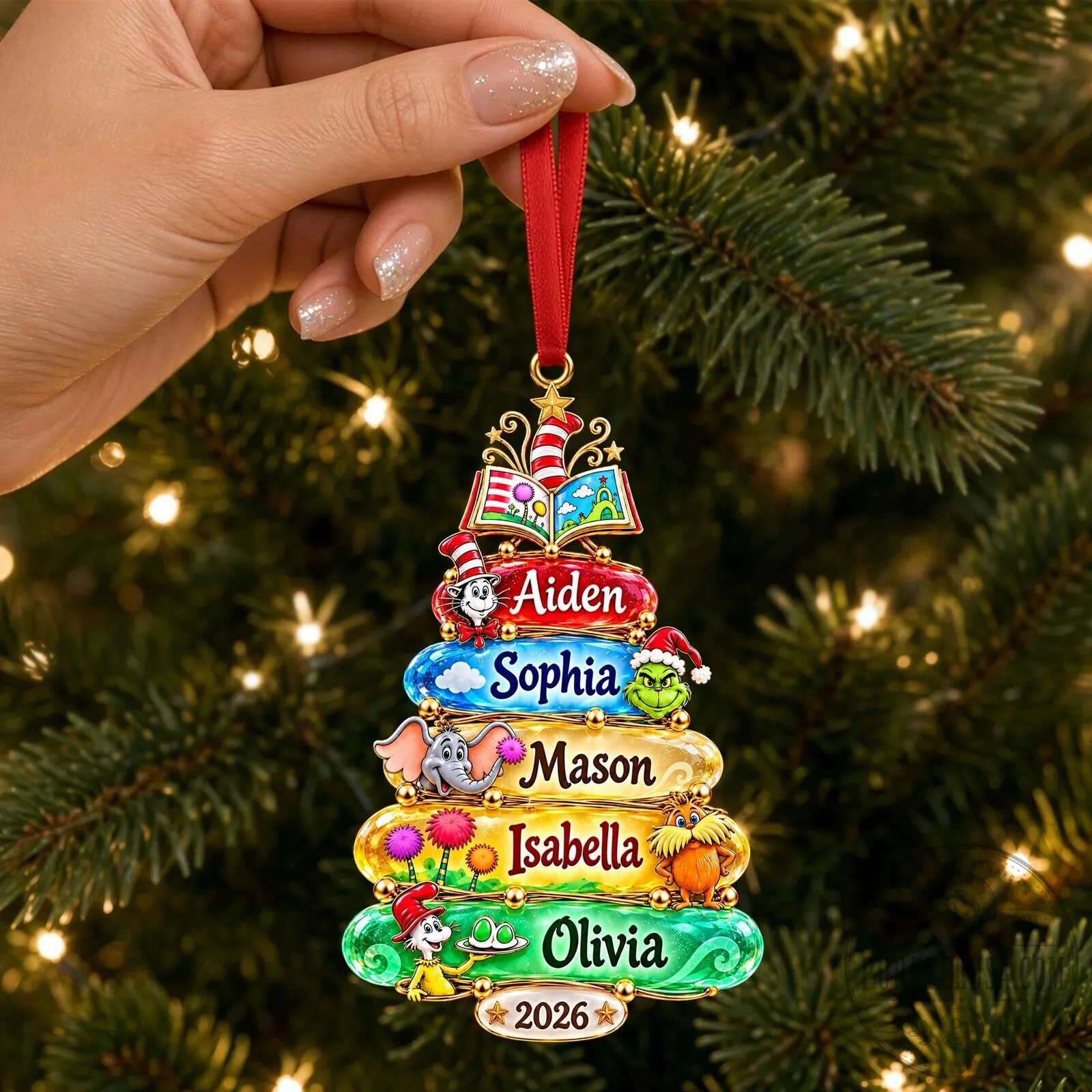 Personalized Christmas Tree Book Stack Ornament with Custom Names and Year 5 Personalized Christmas Tree Book Stack Ornament with Custom Names and Year