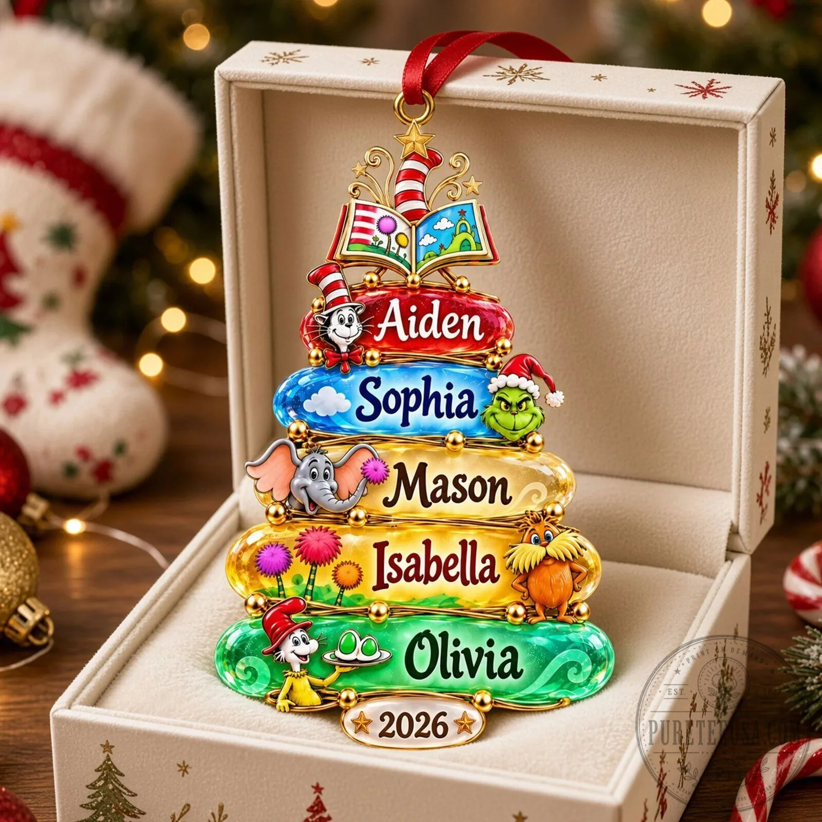 Personalized Christmas Tree Book Stack Ornament with Custom Names and Year 6 Personalized Christmas Tree Book Stack Ornament with Custom Names and Year