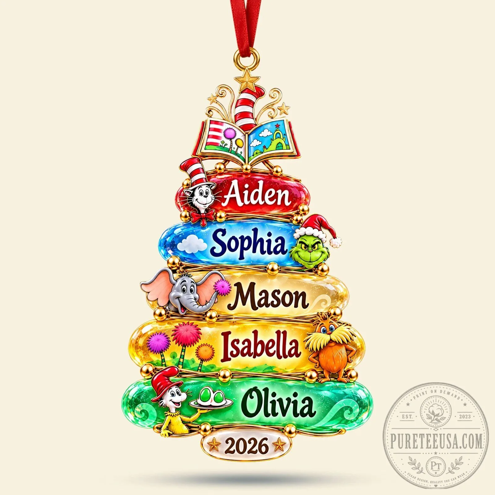 Personalized Christmas Tree Book Stack Ornament with Custom Names and Year 7 Personalized Christmas Tree Book Stack Ornament with Custom Names and Year
