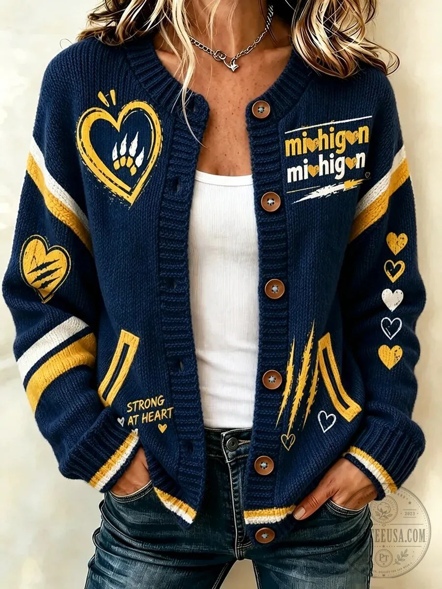 Michigan Wolverines Football Team Women's Casual Knitted Cardigan Sweater 3 Michigan Wolverines Football Team Women