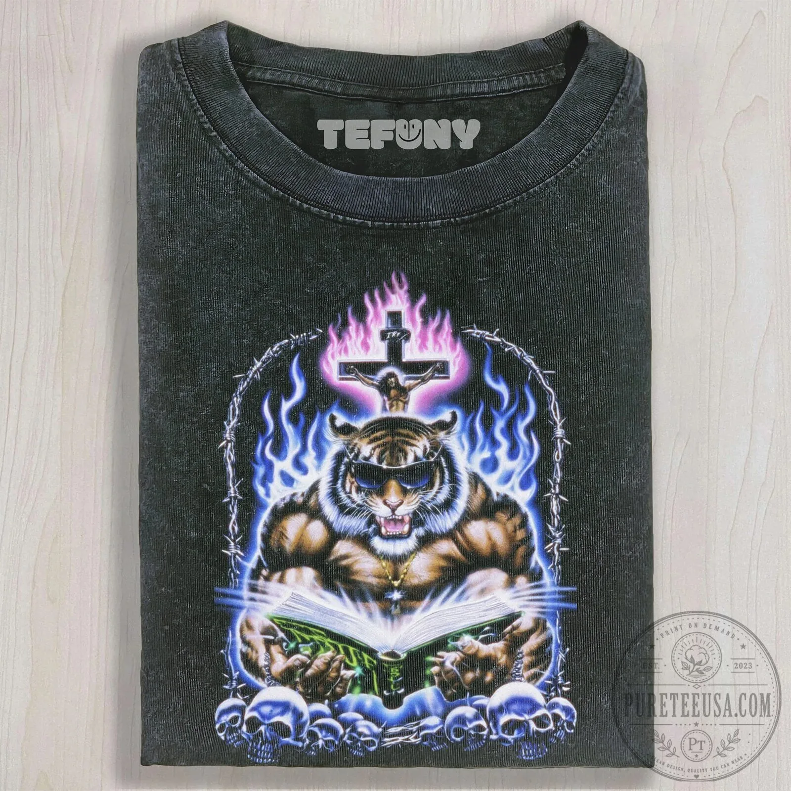 Dark Gothic Tiger Jesus Christ Skull Barbed Wire Acid Washed T-Shirt