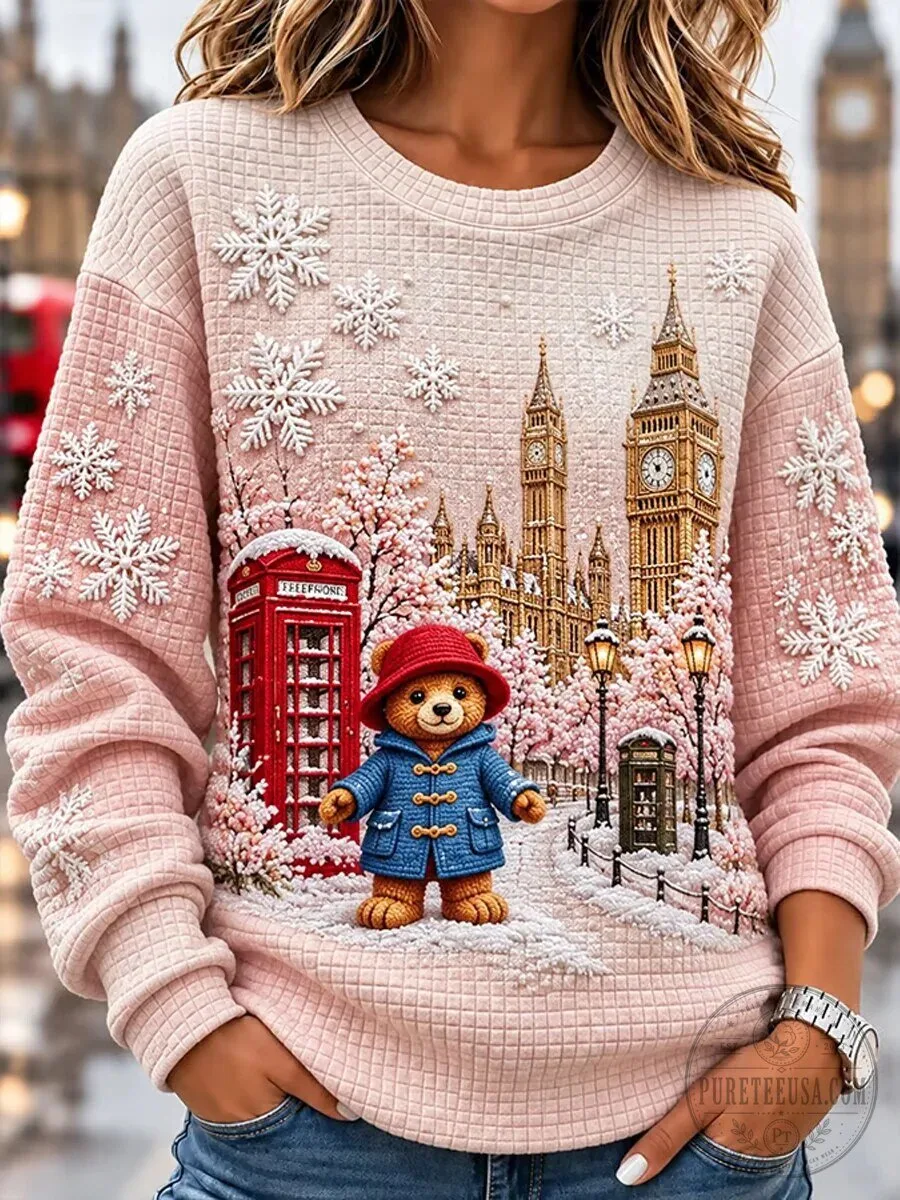 British Christmas Teddy Bear Winter Wonderland Scene Pink Crewneck Sweatshirt