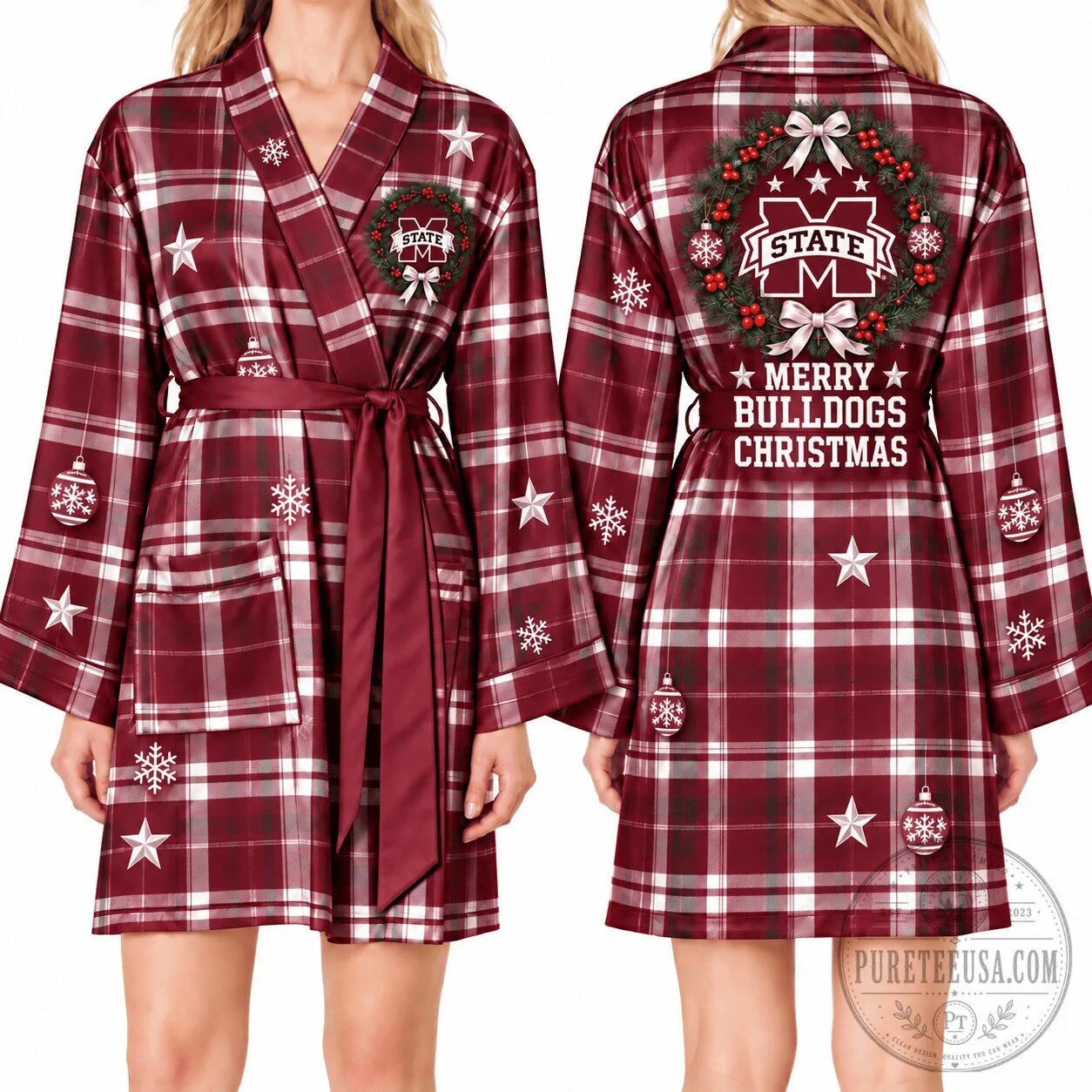 Mississippi State Bulldogs Christmas Plaid Satin Robe 3 Mississippi State Bulldogs Christmas Plaid Satin Robe