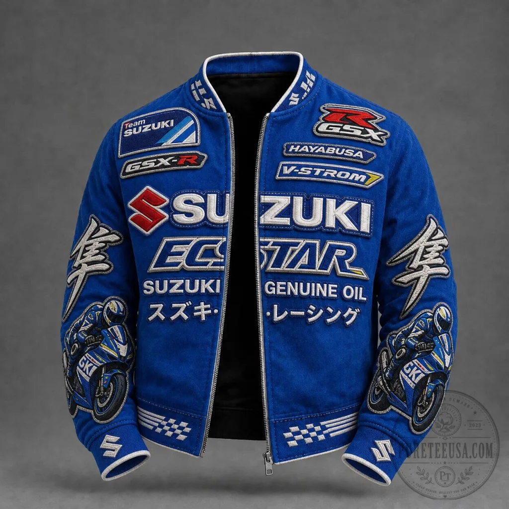 Suzuki Ecstar Racing Motorcycle Team Embroidered Bomber Jacket Suzuki Ecstar Racing Motorcycle Team Embroidered Bomber Jacket