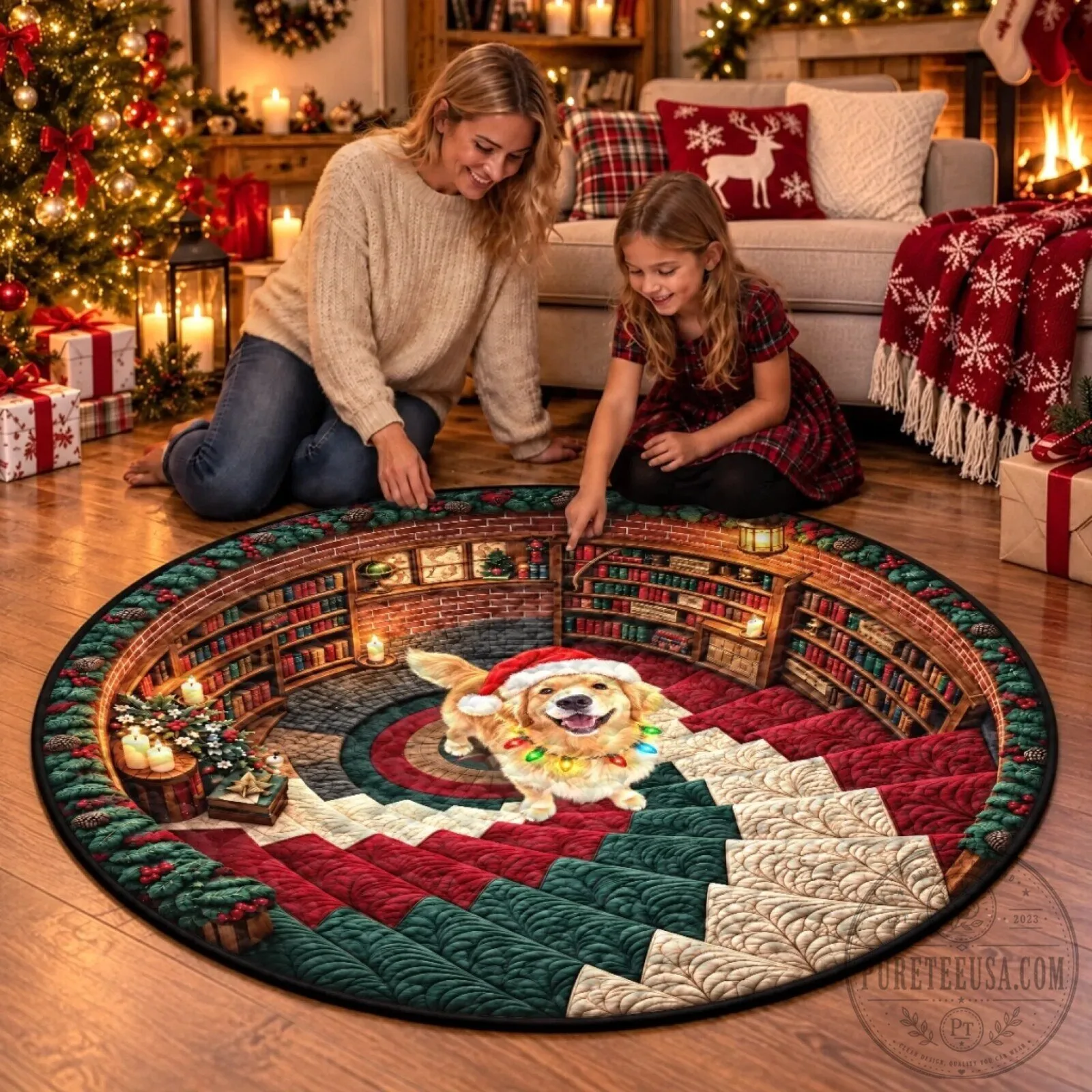 Personalized Dog Portrait Round Christmas Holiday Floor Rug 10 Personalized Dog Portrait Round Christmas Holiday Floor Rug