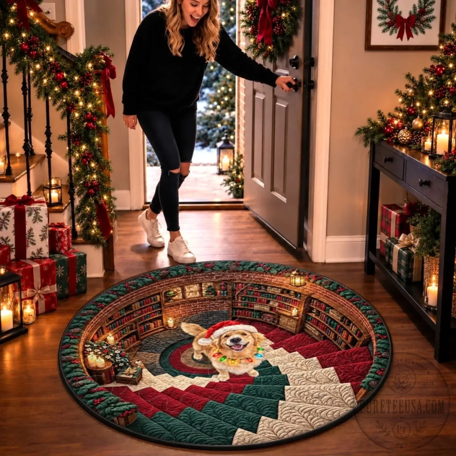 Personalized Dog Portrait Round Christmas Holiday Floor Rug 11 Personalized Dog Portrait Round Christmas Holiday Floor Rug