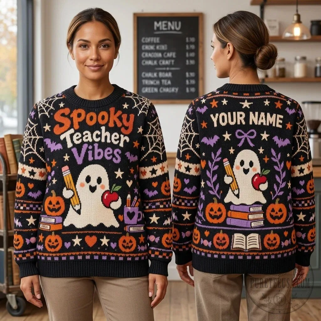 Spooky Teacher Vibes Ghost Halloween Knitted Sweater 3 Spooky Teacher Vibes Ghost Halloween Knitted Sweater